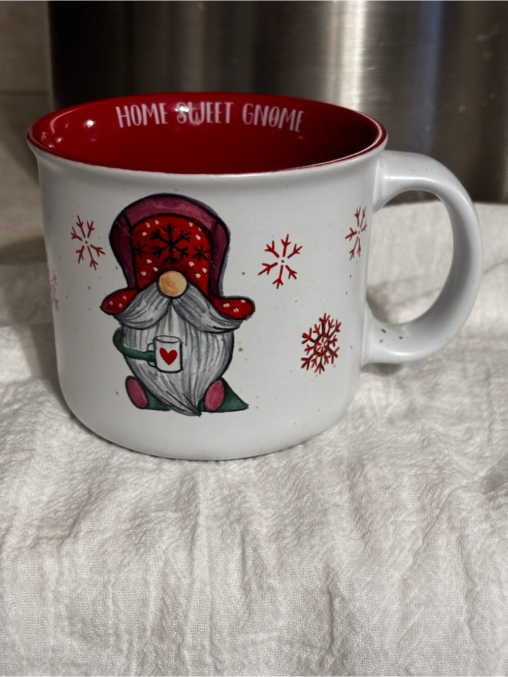 Peppermint and Pines Holiday Gnome Ceramic Mug - Red & White with snowflakes.